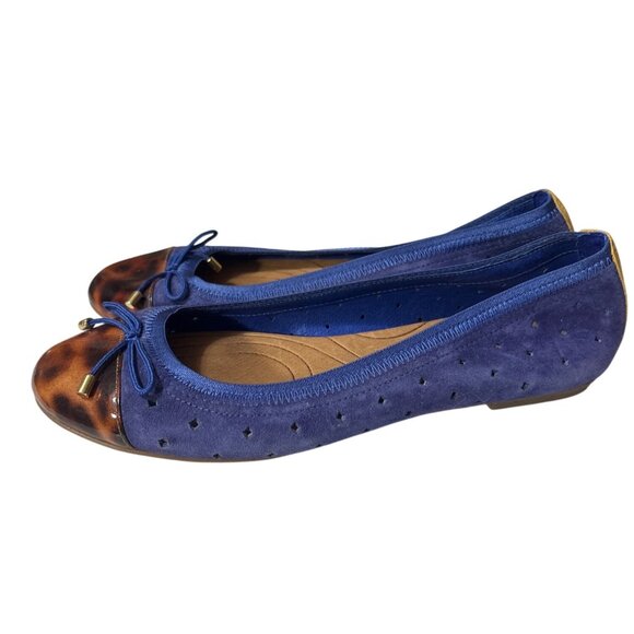 Clarks Womens Size 7 Blue & Brown Leather Ballet Flats With Bow Accent - Picture 1 of 6